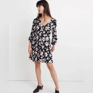 Madewell Black & Pink Winter Orchid Floral Moonblossom Ruffle Sleeve Dress Sz 14